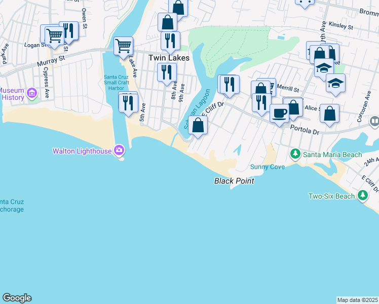 map of restaurants, bars, coffee shops, grocery stores, and more near 2900 East Cliff Drive in Santa Cruz