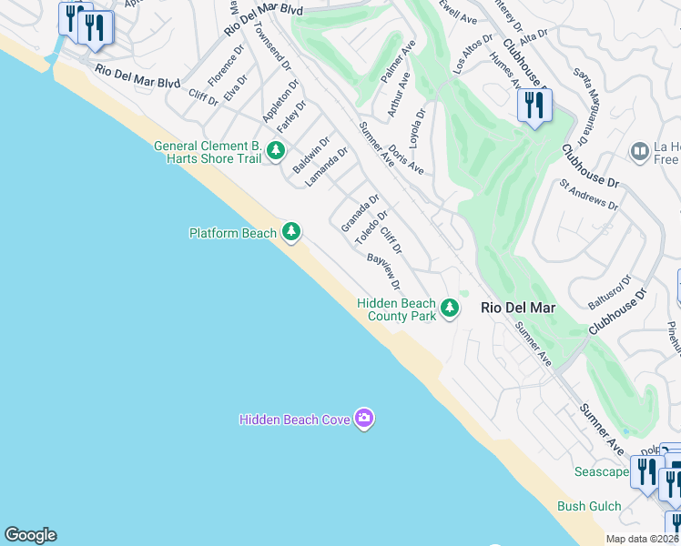 map of restaurants, bars, coffee shops, grocery stores, and more near 547 Beach Drive in Aptos