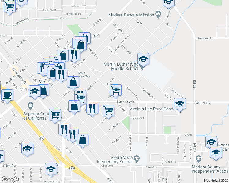 map of restaurants, bars, coffee shops, grocery stores, and more near 503 South Lake Street in Madera