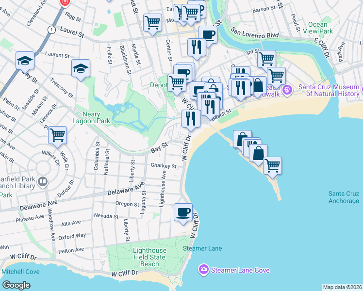 map of restaurants, bars, coffee shops, grocery stores, and more near 37 Bay Street in Santa Cruz