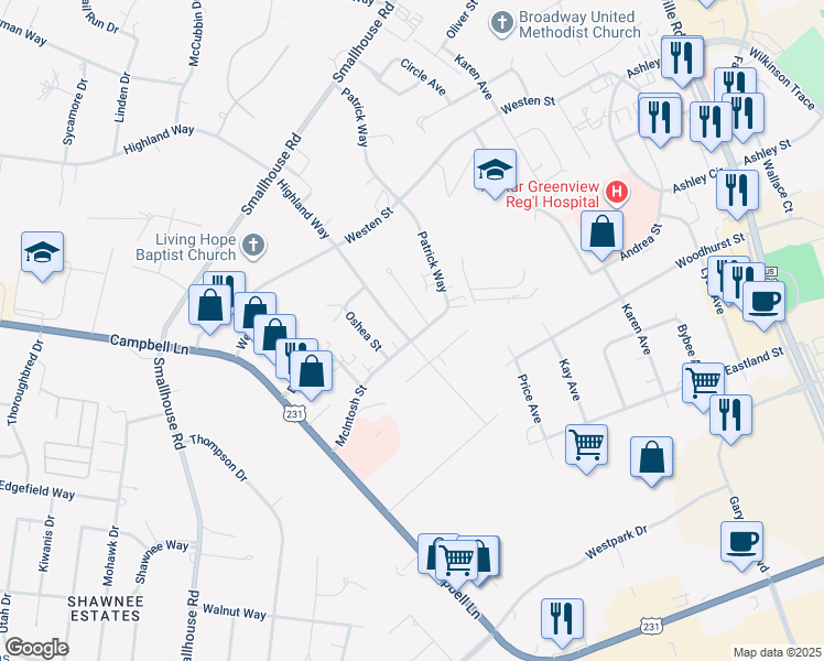 map of restaurants, bars, coffee shops, grocery stores, and more near 1720 Highland Way in Bowling Green
