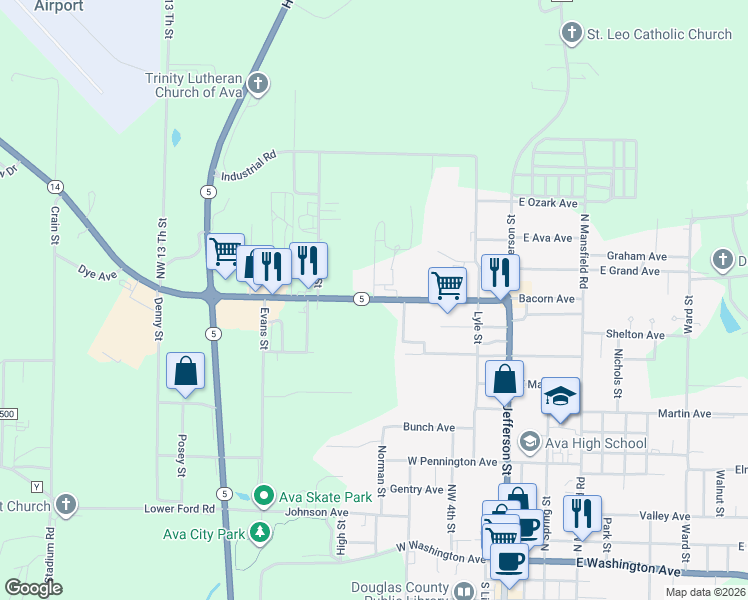 map of restaurants, bars, coffee shops, grocery stores, and more near State Highway 14 in Ava