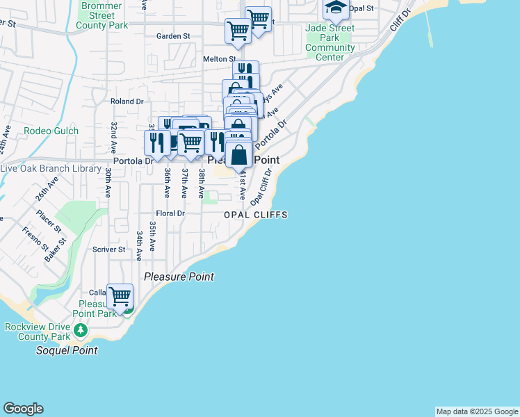 map of restaurants, bars, coffee shops, grocery stores, and more near 4140 Opal Cliff Drive in Santa Cruz
