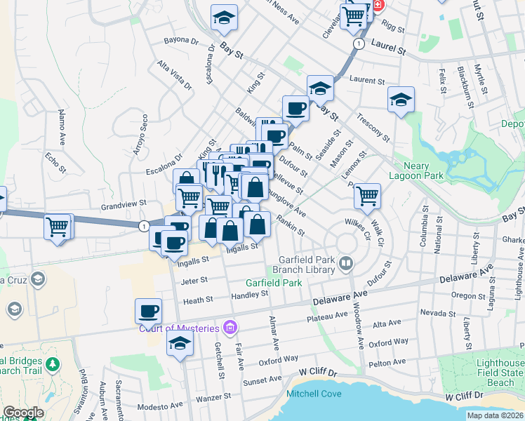 map of restaurants, bars, coffee shops, grocery stores, and more near 850 Almar Avenue in Santa Cruz