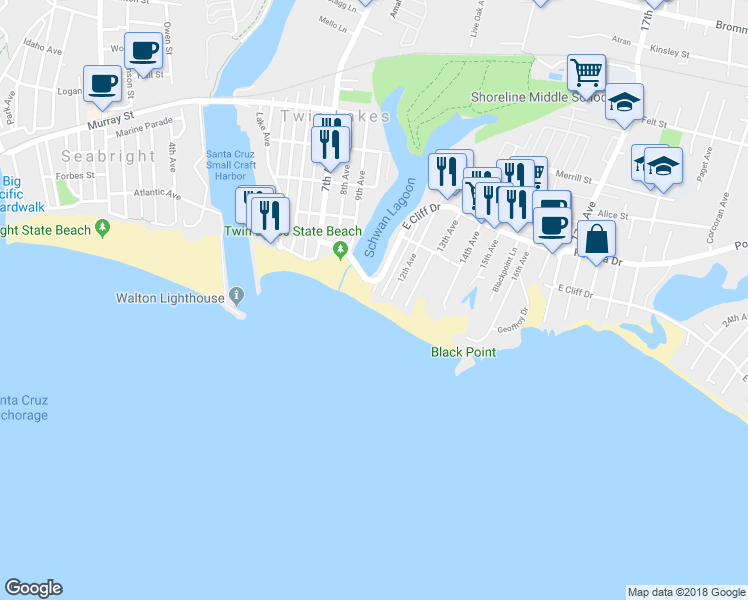 map of restaurants, bars, coffee shops, grocery stores, and more near 2900 East Cliff Drive in Santa Cruz