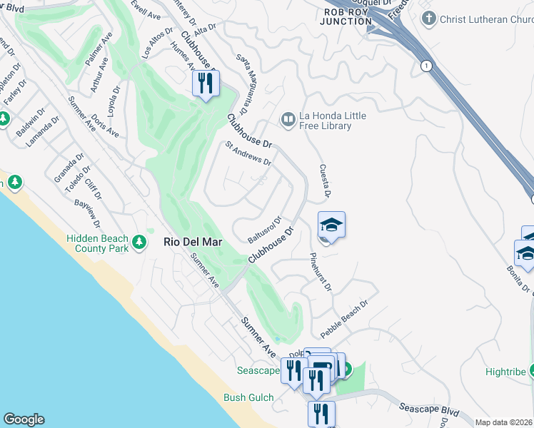 map of restaurants, bars, coffee shops, grocery stores, and more near 630 Baltusrol Drive in Aptos