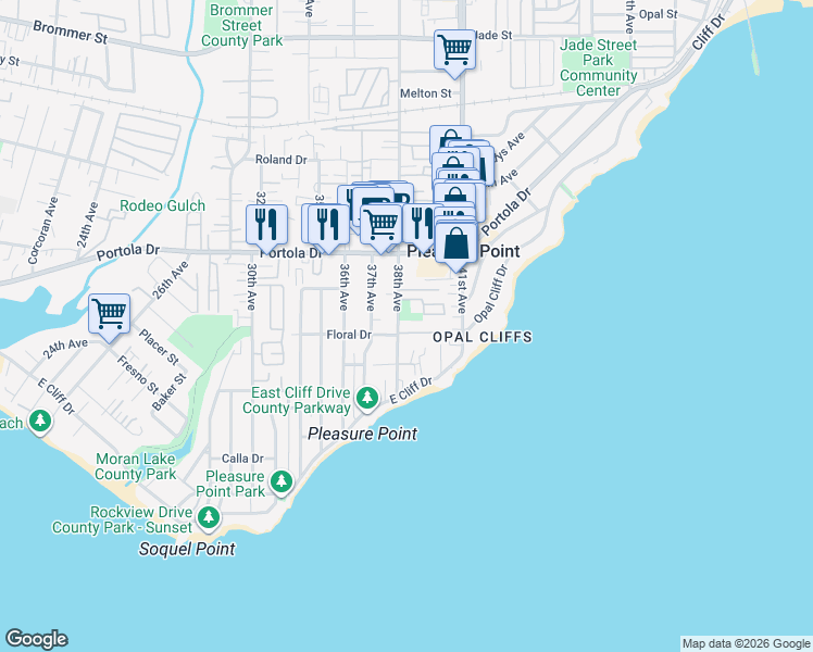map of restaurants, bars, coffee shops, grocery stores, and more near 3890 Bramble Lane in Santa Cruz