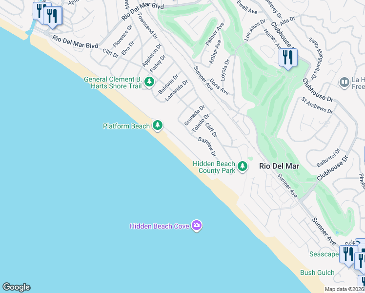 map of restaurants, bars, coffee shops, grocery stores, and more near 545 Beach Drive in Aptos