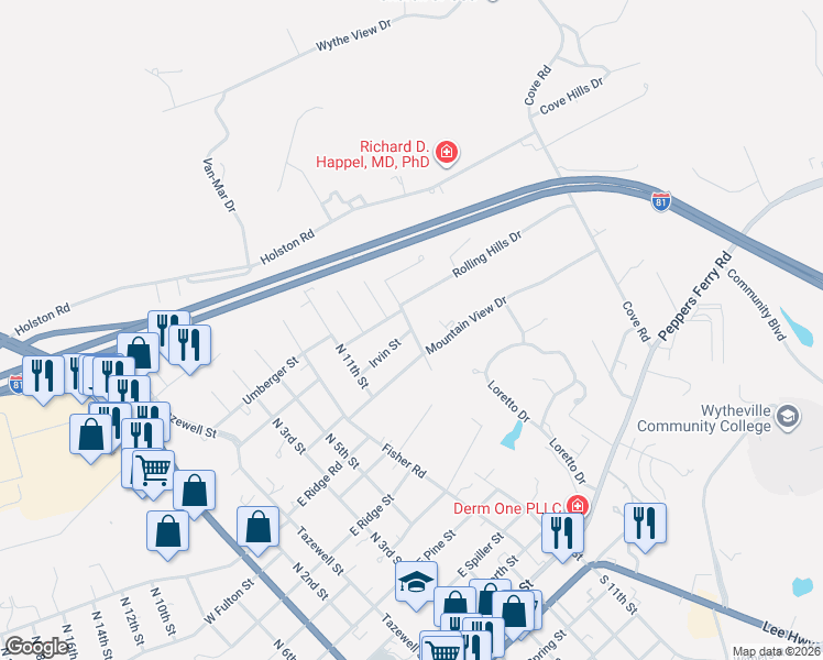 map of restaurants, bars, coffee shops, grocery stores, and more near 664 Irvin Street in Wytheville