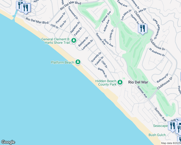 map of restaurants, bars, coffee shops, grocery stores, and more near 545 Beach Drive in Aptos