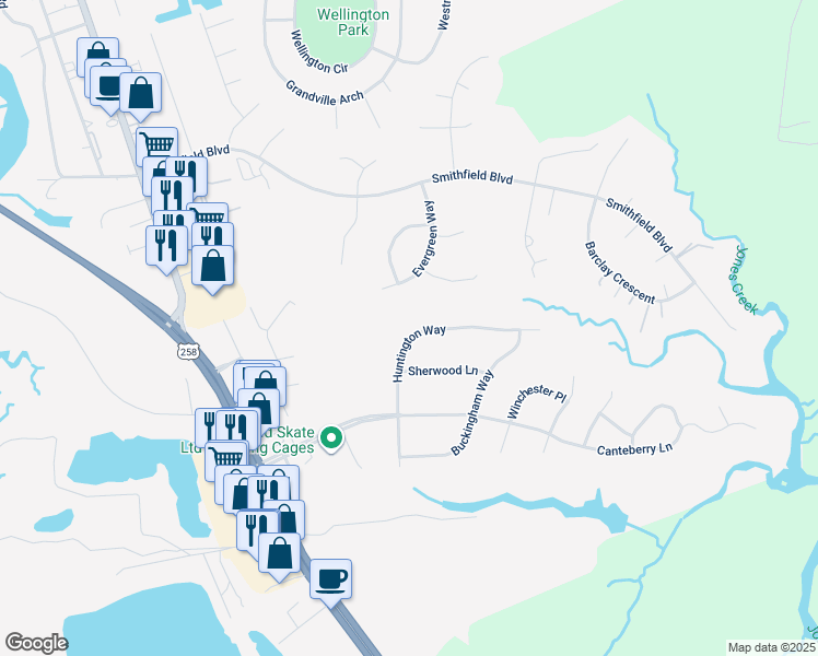 map of restaurants, bars, coffee shops, grocery stores, and more near 409 Huntington Way in Smithfield