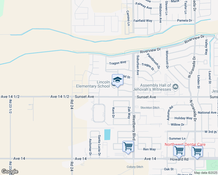 map of restaurants, bars, coffee shops, grocery stores, and more near Via Valencia Drive in Madera