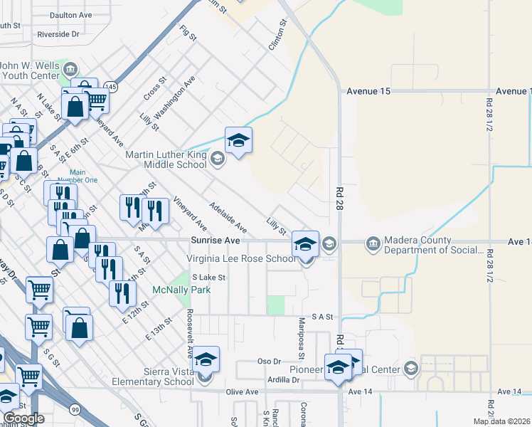 map of restaurants, bars, coffee shops, grocery stores, and more near 1055 Koufax Drive in Madera