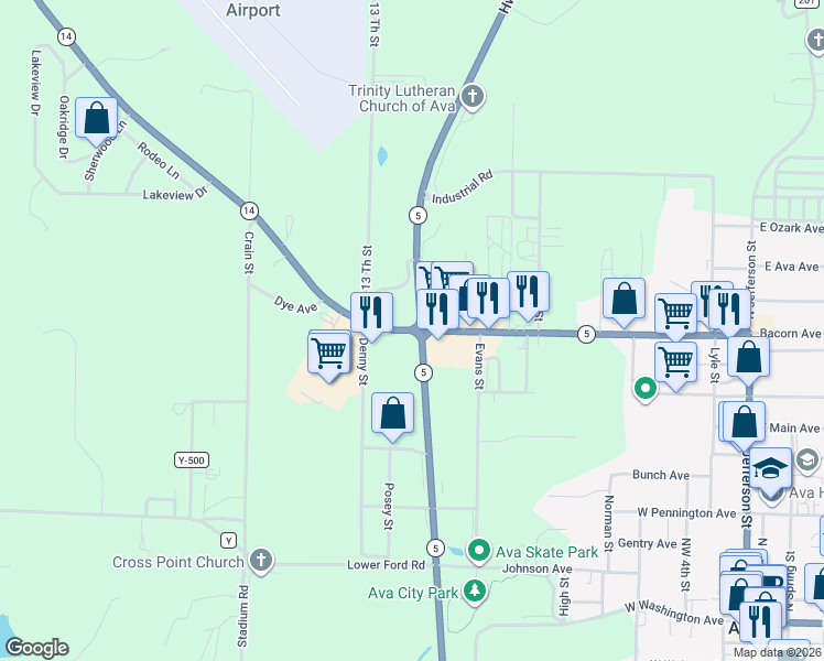 map of restaurants, bars, coffee shops, grocery stores, and more near Northwest 12th Avenue in Ava