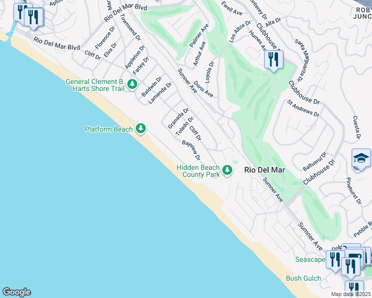 map of restaurants, bars, coffee shops, grocery stores, and more near 616 Bayview Drive in Aptos