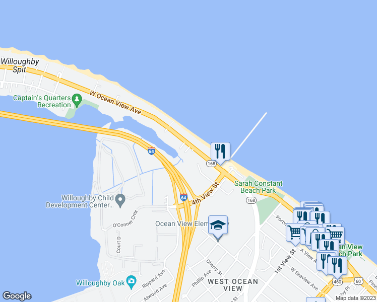 map of restaurants, bars, coffee shops, grocery stores, and more near 517 West Ocean View Avenue in Norfolk