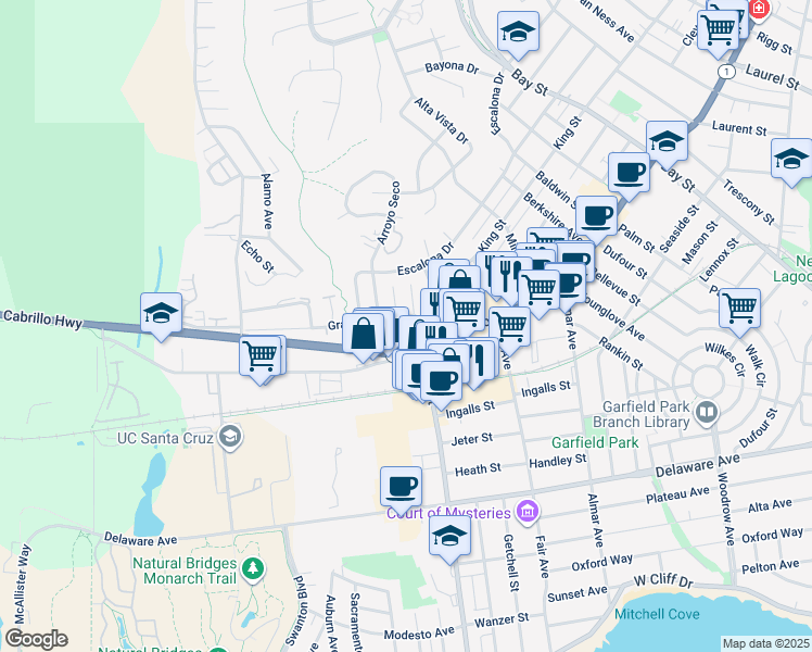 map of restaurants, bars, coffee shops, grocery stores, and more near 41 Grandview Street in Santa Cruz