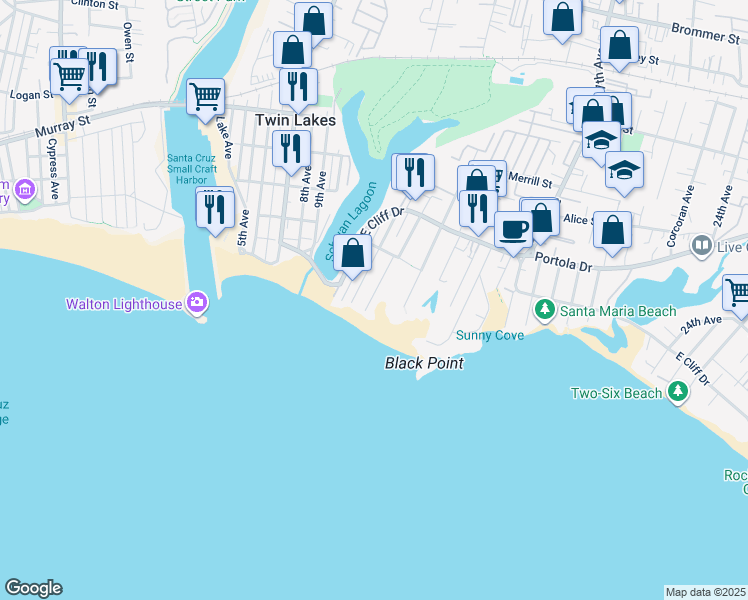 map of restaurants, bars, coffee shops, grocery stores, and more near 170 13th Avenue in Santa Cruz
