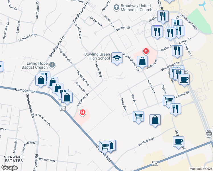 map of restaurants, bars, coffee shops, grocery stores, and more near 1611 Flanigan Court in Bowling Green
