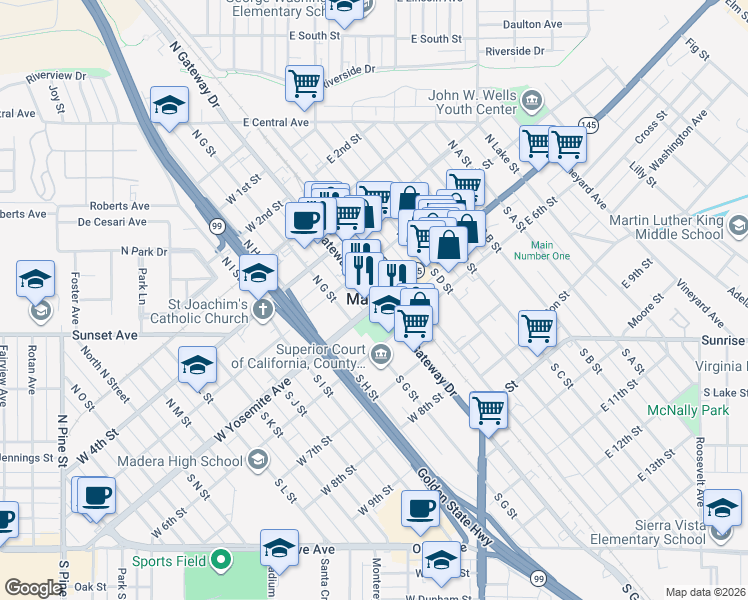 map of restaurants, bars, coffee shops, grocery stores, and more near in Madera