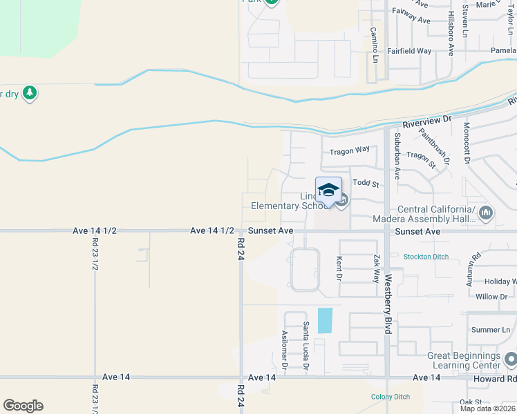 map of restaurants, bars, coffee shops, grocery stores, and more near 3459-3599 Sunset Avenue in Madera