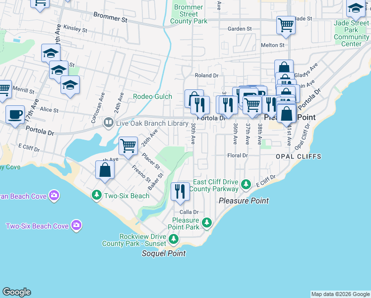 map of restaurants, bars, coffee shops, grocery stores, and more near 681 30th Avenue in Santa Cruz