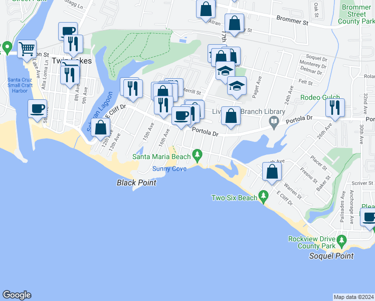 map of restaurants, bars, coffee shops, grocery stores, and more near 21811 East Cliff Drive in Santa Cruz