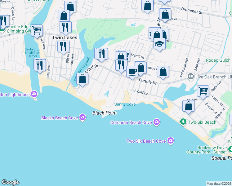 map of restaurants, bars, coffee shops, grocery stores, and more near 209 16th Avenue in Santa Cruz