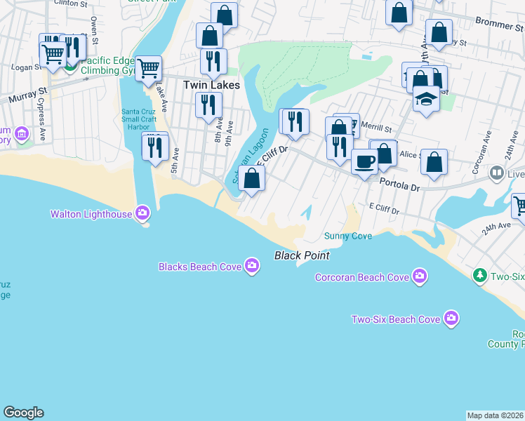 map of restaurants, bars, coffee shops, grocery stores, and more near 165 13th Avenue in Santa Cruz
