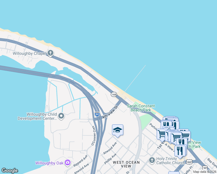 map of restaurants, bars, coffee shops, grocery stores, and more near 494 West Ocean View Avenue in Norfolk