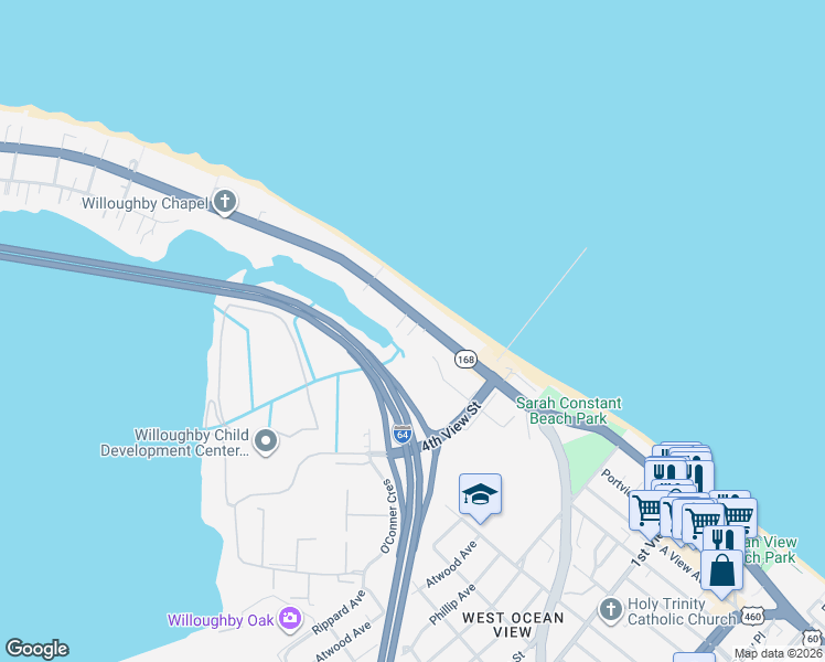 map of restaurants, bars, coffee shops, grocery stores, and more near 525 West Ocean View Avenue in Norfolk