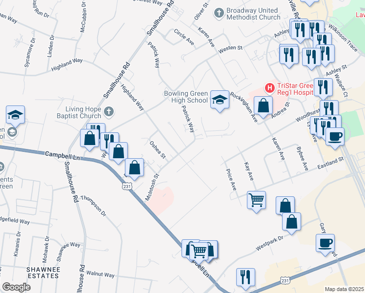 map of restaurants, bars, coffee shops, grocery stores, and more near 1720 Highland Way in Bowling Green