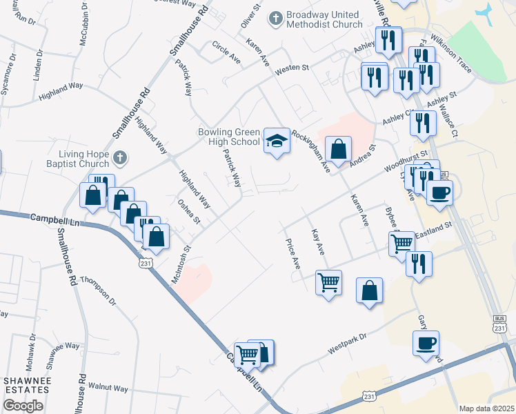 map of restaurants, bars, coffee shops, grocery stores, and more near 1609b Flanigan Court in Bowling Green