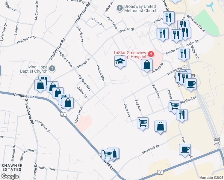 map of restaurants, bars, coffee shops, grocery stores, and more near 1609b Flanigan Court in Bowling Green