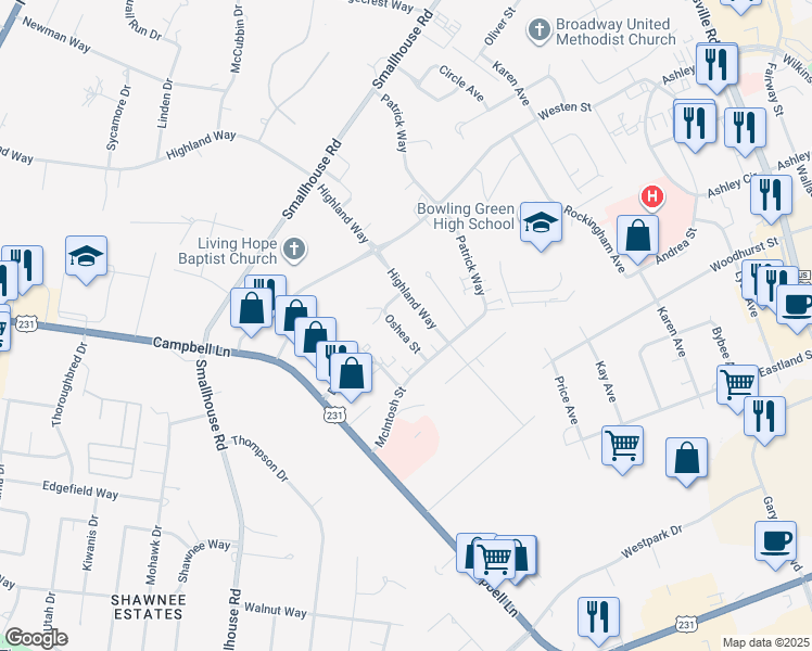 map of restaurants, bars, coffee shops, grocery stores, and more near 1722 Oshea Street in Bowling Green
