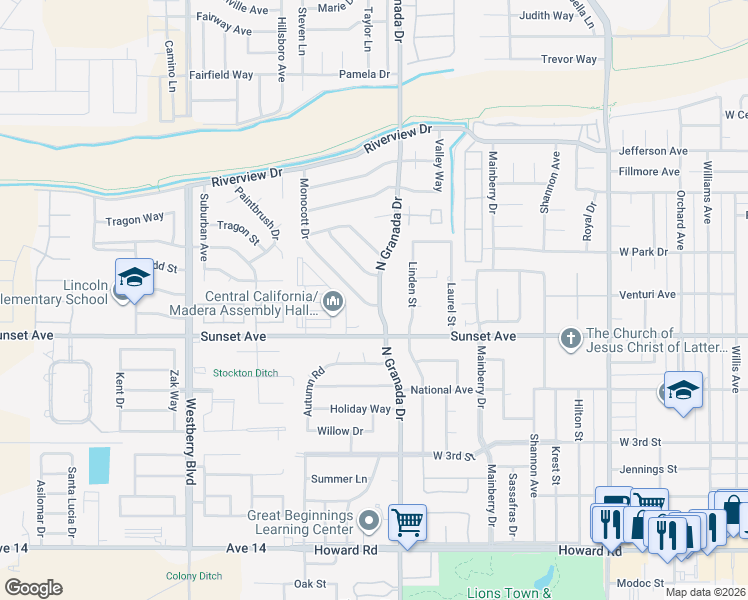 map of restaurants, bars, coffee shops, grocery stores, and more near 616 North Granada Drive in Madera