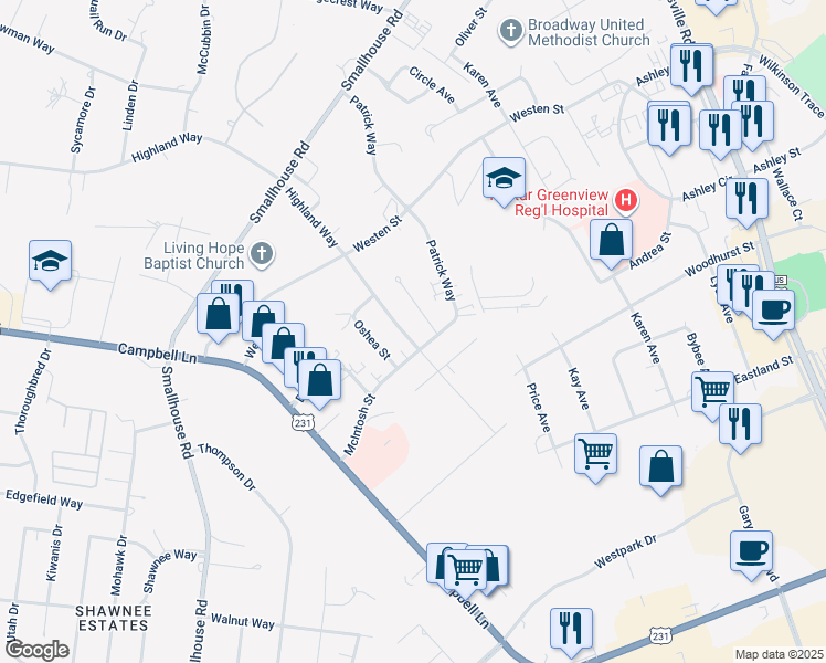 map of restaurants, bars, coffee shops, grocery stores, and more near 1720 Highland Way in Bowling Green