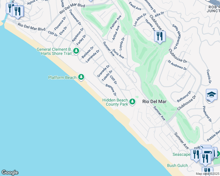 map of restaurants, bars, coffee shops, grocery stores, and more near 616 Bayview Drive in Aptos
