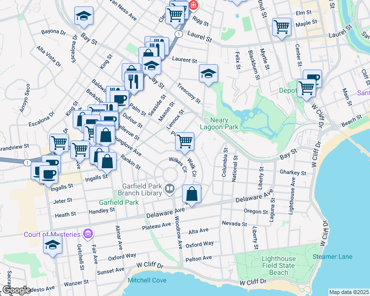 map of restaurants, bars, coffee shops, grocery stores, and more near 311 California Avenue in Santa Cruz