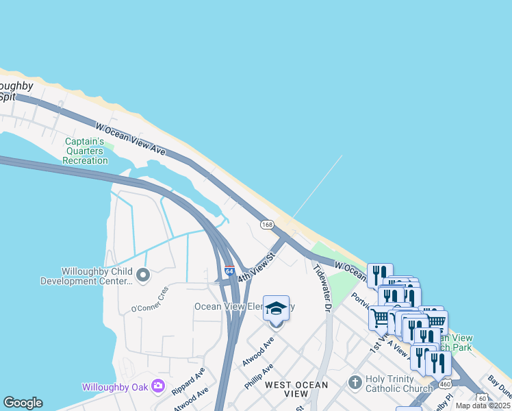 map of restaurants, bars, coffee shops, grocery stores, and more near 494 West Ocean View Avenue in Norfolk