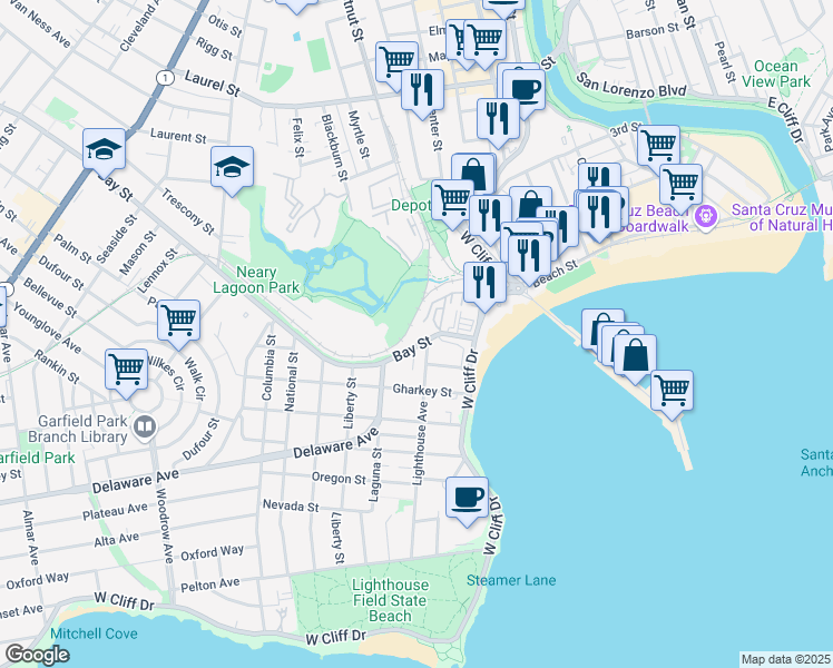 map of restaurants, bars, coffee shops, grocery stores, and more near 144 Bay Street in Santa Cruz