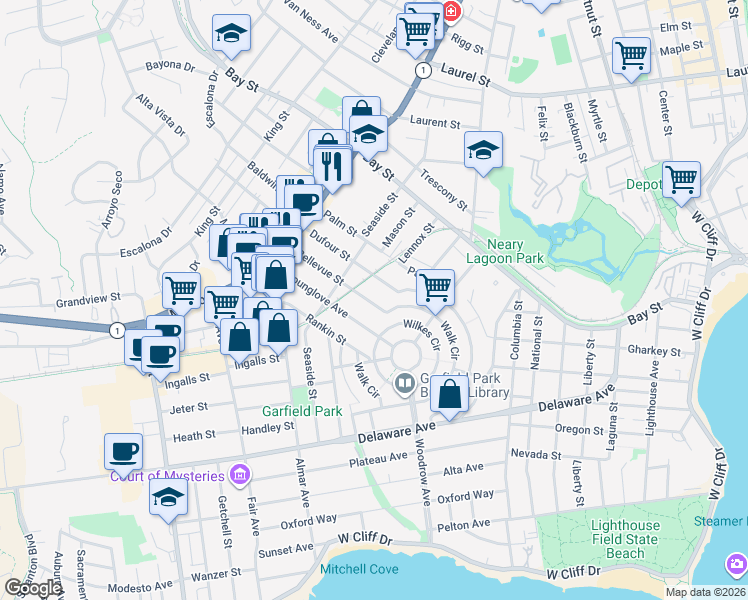 map of restaurants, bars, coffee shops, grocery stores, and more near 430 Bellevue Street in Santa Cruz