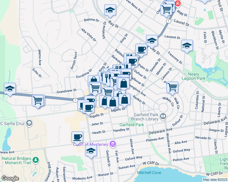 map of restaurants, bars, coffee shops, grocery stores, and more near 849 Almar Avenue in Santa Cruz