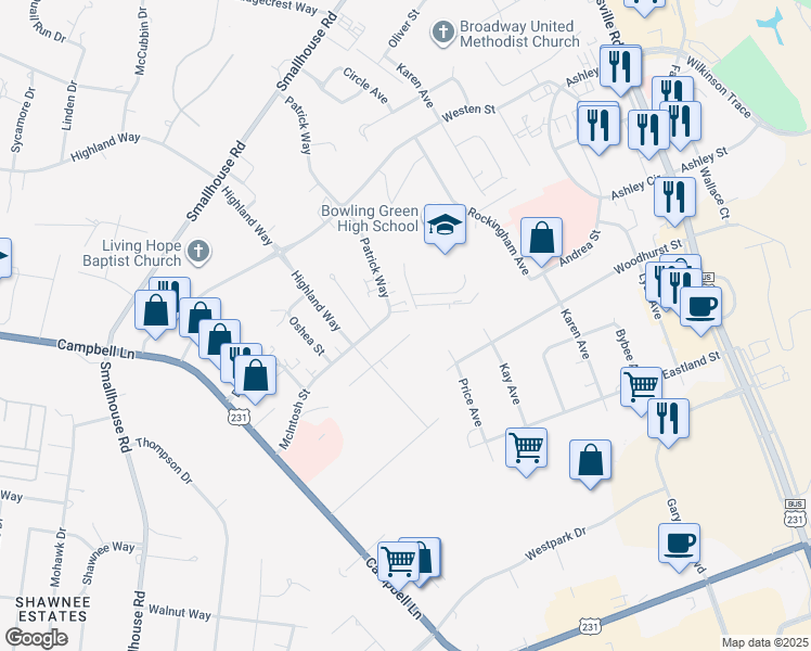 map of restaurants, bars, coffee shops, grocery stores, and more near 1609b Flanigan Court in Bowling Green