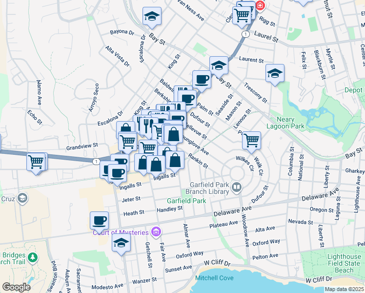 map of restaurants, bars, coffee shops, grocery stores, and more near 228 Rankin Street in Santa Cruz