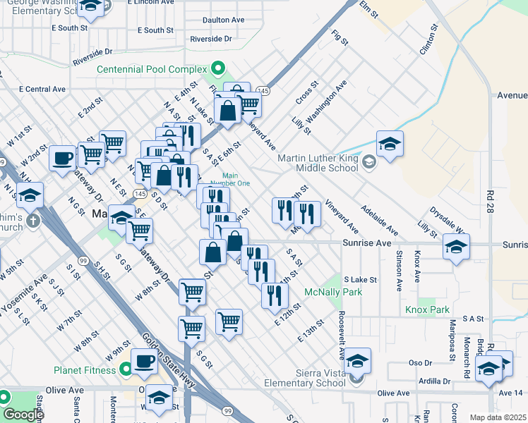 map of restaurants, bars, coffee shops, grocery stores, and more near 417 South A Street in Madera