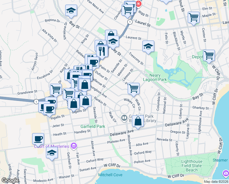 map of restaurants, bars, coffee shops, grocery stores, and more near 430 Bellevue Street in Santa Cruz