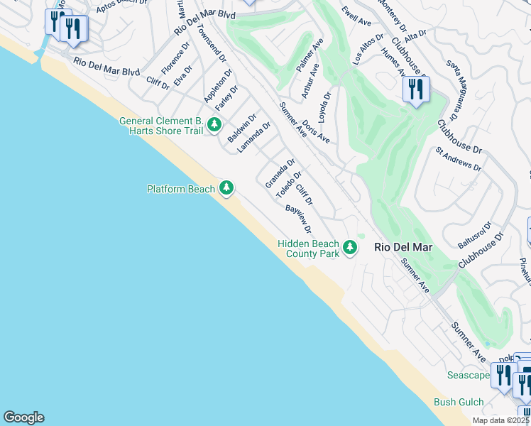 map of restaurants, bars, coffee shops, grocery stores, and more near 544 Beach Drive in Aptos