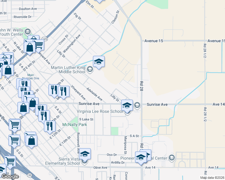 map of restaurants, bars, coffee shops, grocery stores, and more near 1055 Koufax Drive in Madera