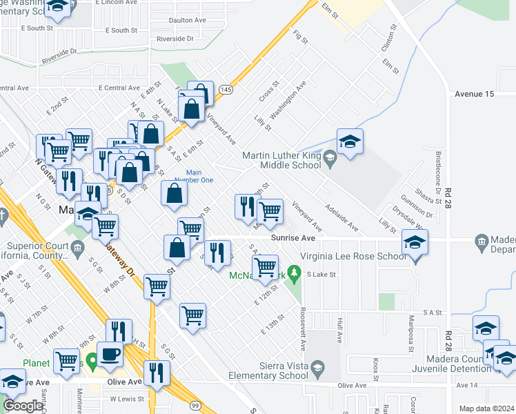 map of restaurants, bars, coffee shops, grocery stores, and more near 503 South Lake Street in Madera